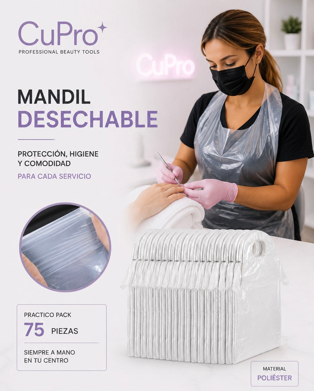 Delantal Desechable de Poliéster Transparente — 75 unidades